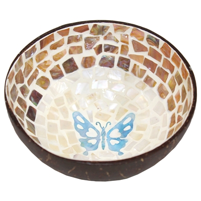 Aqua Butterfly Mosaic Inlay Coconut Shell Bowl